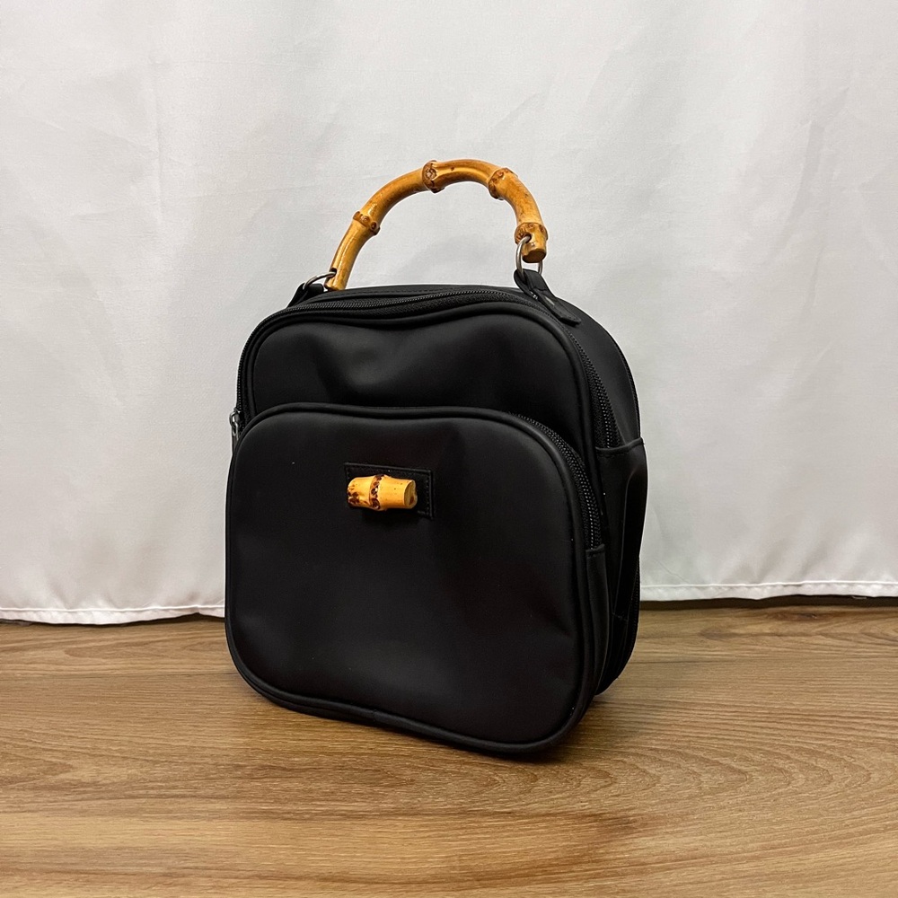Black Hand Bag w/ Bamboo Handle Womens Small Bag